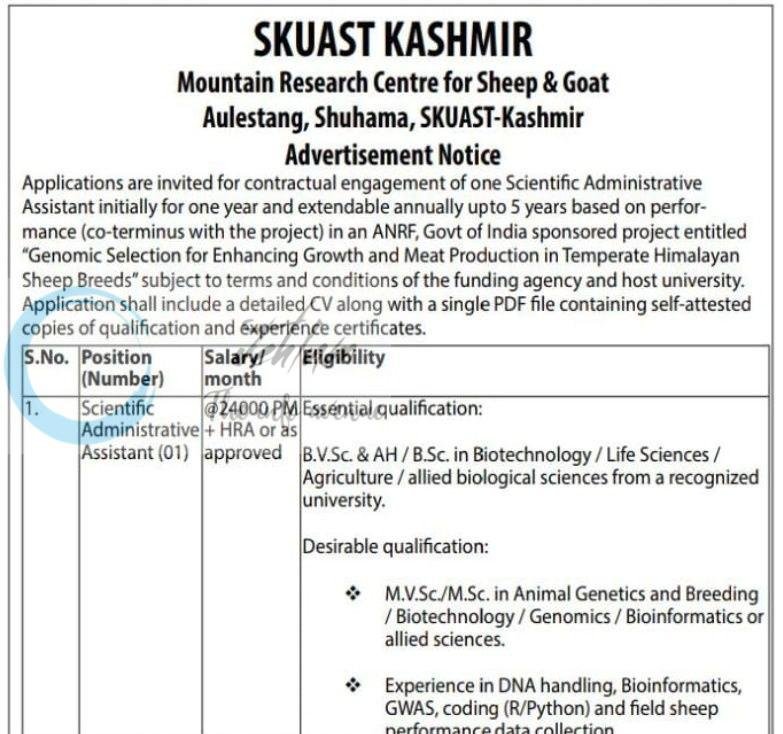SKUAST Kashmir Shuhama Scientific Administrative Assistant employment opportunities 2026