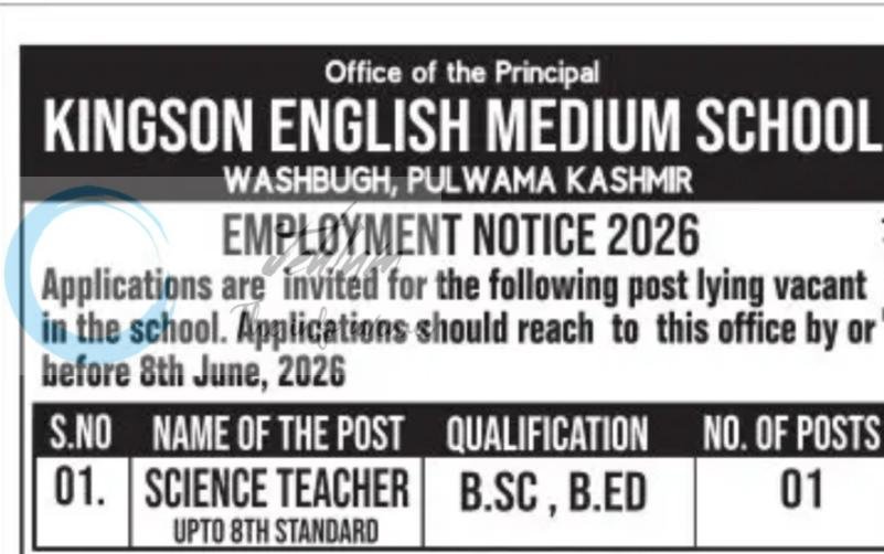 Kingson English Medium School Washbugh Pulwama teaching job opportunities 2026