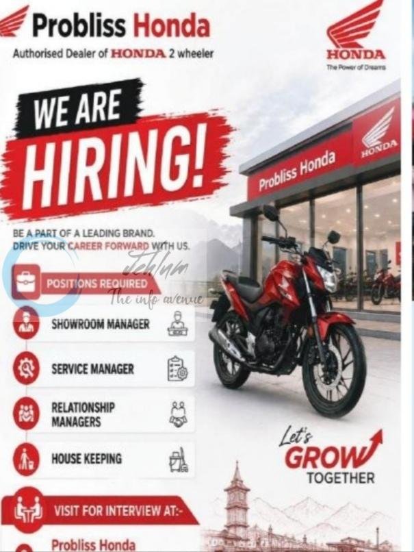 Probliss Honda Srinagar Hyderpora office staff job opportunities 2026