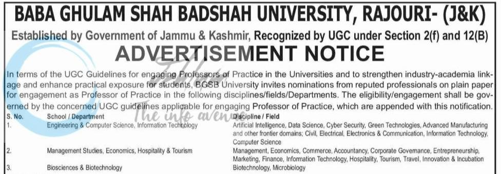 Baba Ghulam Shah Badshah University BGSB Rajouri faculty employment opportunities 2026