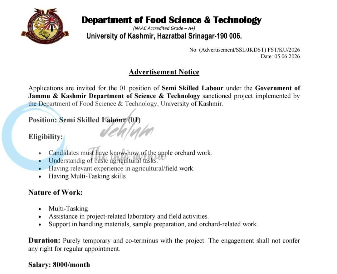 University of Kashmir Deptt of Food Science and Technology Semi Skilled Labour Recruitment Advertisement Notice 2026
