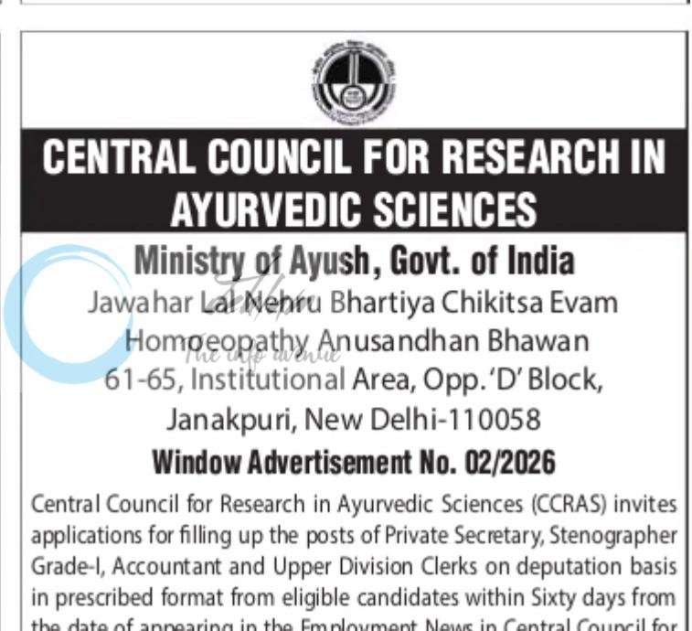 Central Council for Research in Ayurvedic Sciences CCRAS New Delhi Private Secretary Stenographer Grade-I Accountant employment opportunities notice 02/2026