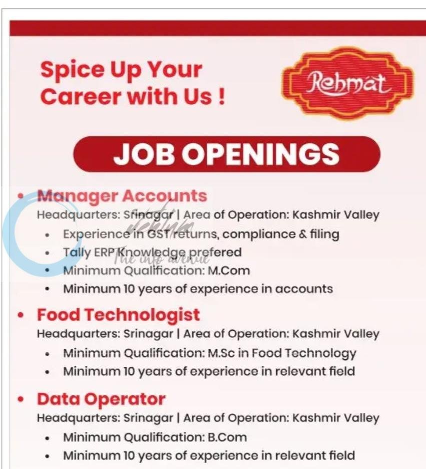 Rehmat Banday Impex Srinagar Manager Accounts Food Technologist Data Operator job opportunities 2026