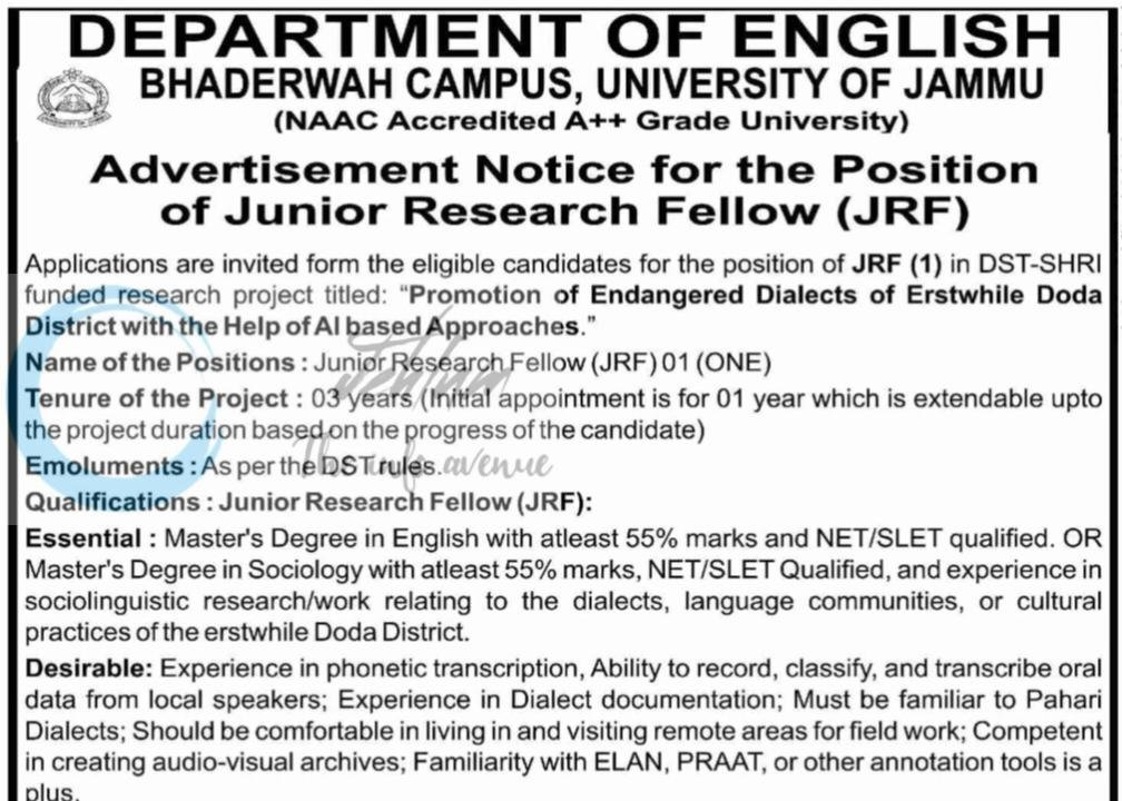 University of Jammu JU Deptt of English Bhaderwah Campus Junior Research Fellow JRF Advertisement Notice BC/JU/ADM/26/81 1 University of Jammu JU Deptt of English Bhaderwah Campus Junior Research Fellow JRF Advertisement Notice BC/JU/ADM/26/81