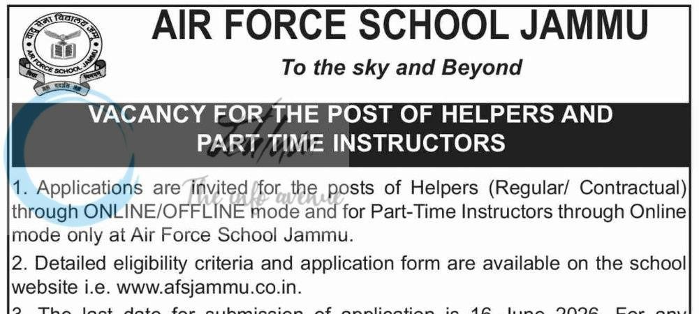 Air Force School Jammu AFS Jammu Helpers Part Time Instructors job opportunities 2026 1 Air Force School Jammu AFS Jammu Helpers Part Time Instructors job opportunities 2026