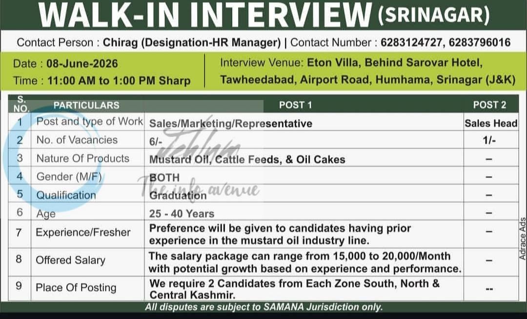 Patiala Oil Industries POI Srinagar Sales Head Sales Marketing Representative job opportunities 2026