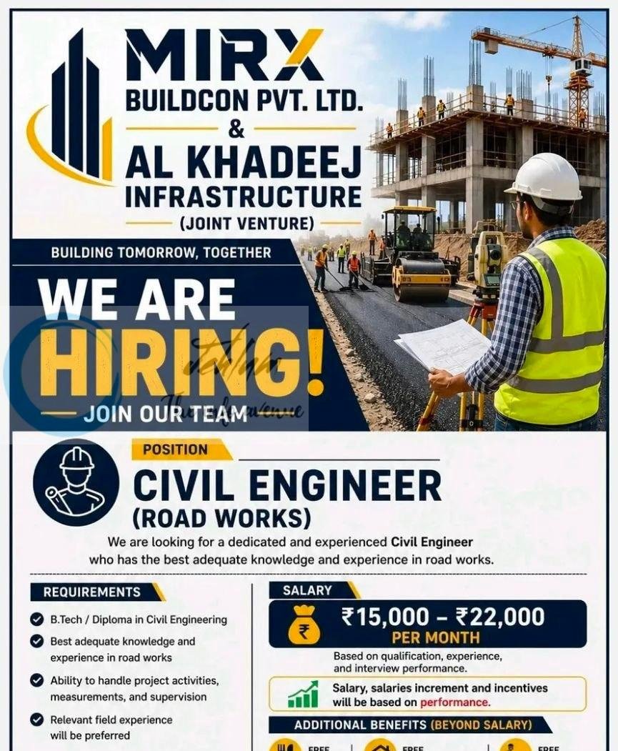 Mirx Buildcon Pvt Ltd and Al Khadeej Infrastructure Joint Venture Karan Nagar Srinagar Civil Engineer job opportunities 2026