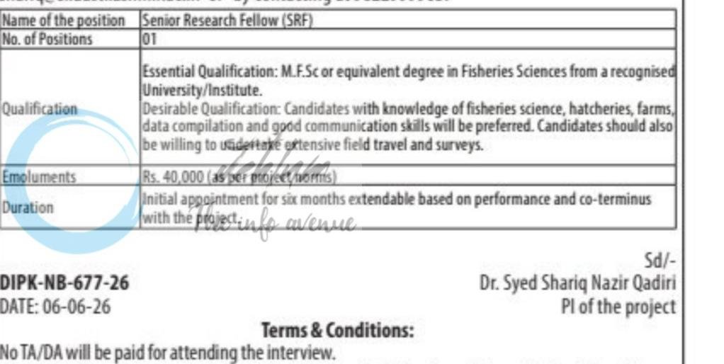 SKUAST-K Division of Aquatic Animal Health Management Ganderbal Senior Research Fellow SRF employment opportunities notice DIPK-NB-677-26