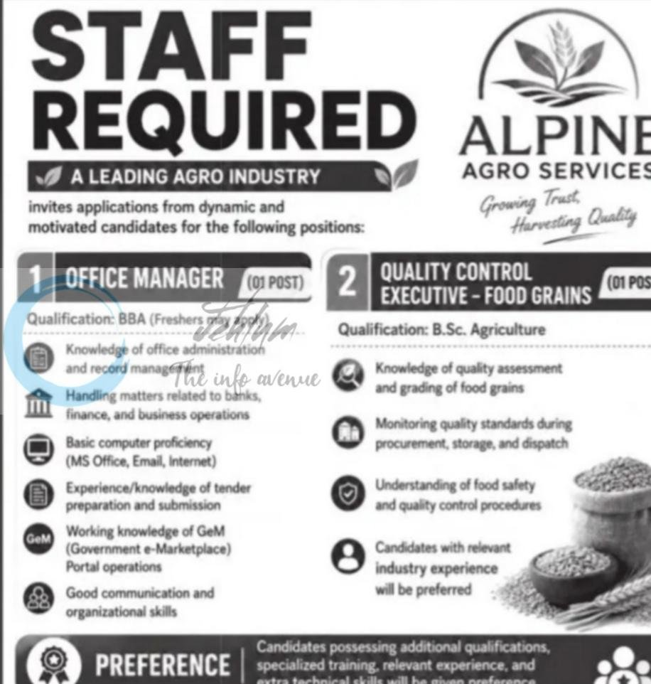 Alpine Agro Services AAS Bul bul bagh barzalla Srinagar Office Manager Quality Control Executive job opportunities 2026