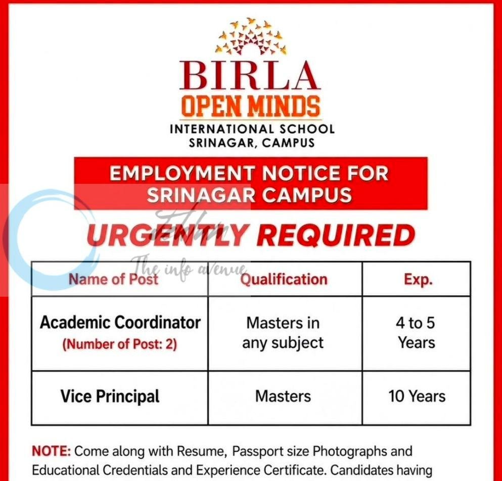 Birla Open Minds International School BOMIS Srinagar teaching job opportunities 2026