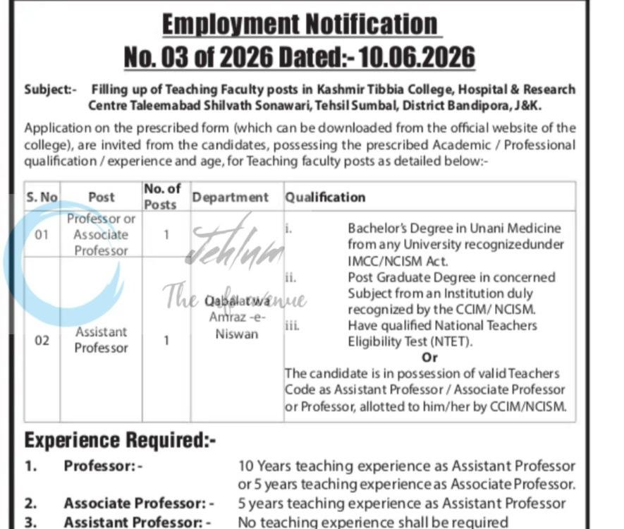 Kashmir Tibbia College Hospital 𝚊𝚗𝚍 𝚁esearch Centre KTCHRC Bandipora faculty job opportunities notice 03 of 2026