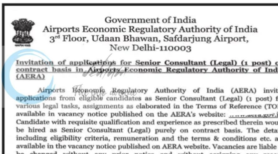 Airports Economic Regulatory Authority of India AERA New Delhi Senior Consultant Legal employment opportunities notice CBC 03112/12/0002/2627