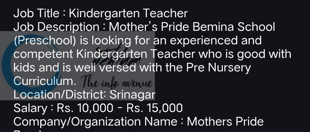 Mothers Pride Bemina MPB Srinagar teaching job opportunities 2026