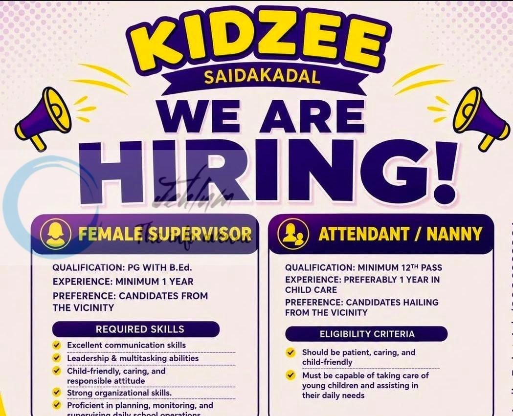 Kidzee Saidakadal Srinagar Female Supervisor Attendant Nanny job opportunities 2026