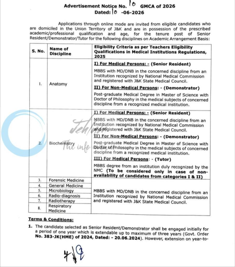 GMC Anantnag Senior Resident Demonstrator Tutor employment opportunities notice 10 GMCA of 2026