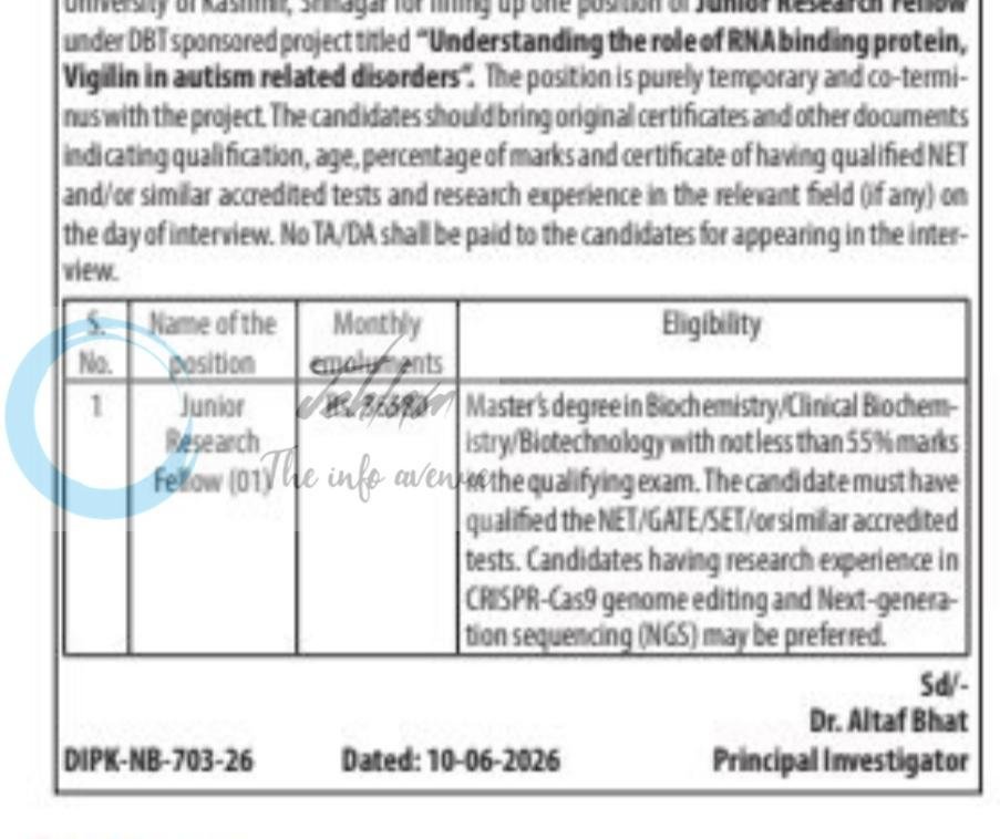 KU Centre for Interdisciplinary Research and Innovations Srinagar Junior Research Fellow job opportunities notice KU/CIRI-DBT-JRF/01