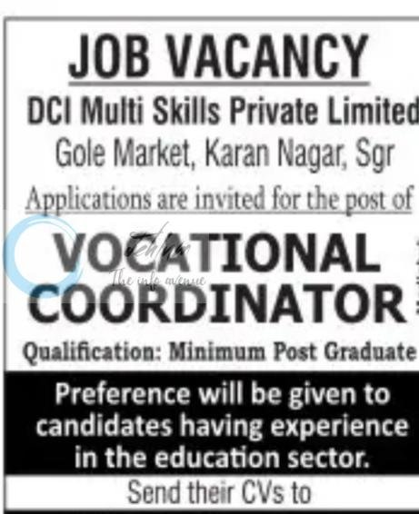 DCI Multi Skills Private Limited Srinagar Vocational Coordinator job opportunities 2026