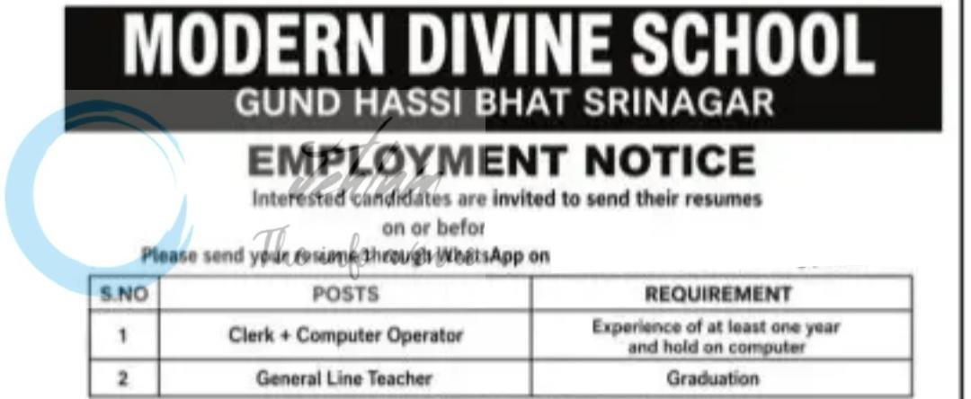 Modern Divine School Srinagar staff job opportunities 2026