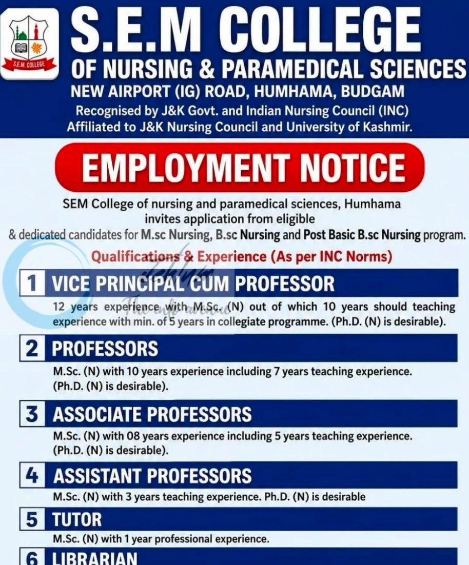 SEM College of Nursing and Paramedical Sciences SEM Budgam faculty job opportunities 2026