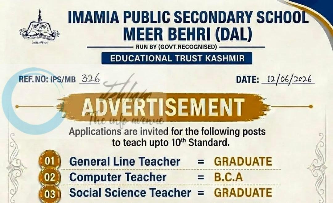 Imamia Public Secondary School Meer Behri Dal IPSSMB Srinagar teaching job opportunities notice IPS/MB 326