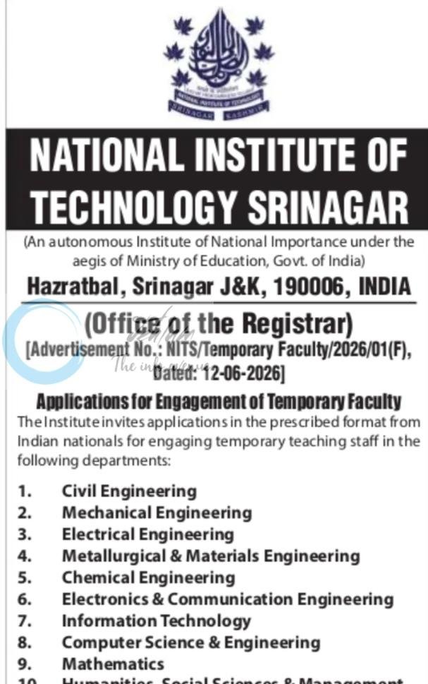 NATIONAL INSTITUTE OF TECHNOLOGY NIT SRINAGAR Faculty employment opportunities notice NITS/Temporary Faculty/2026/01/F