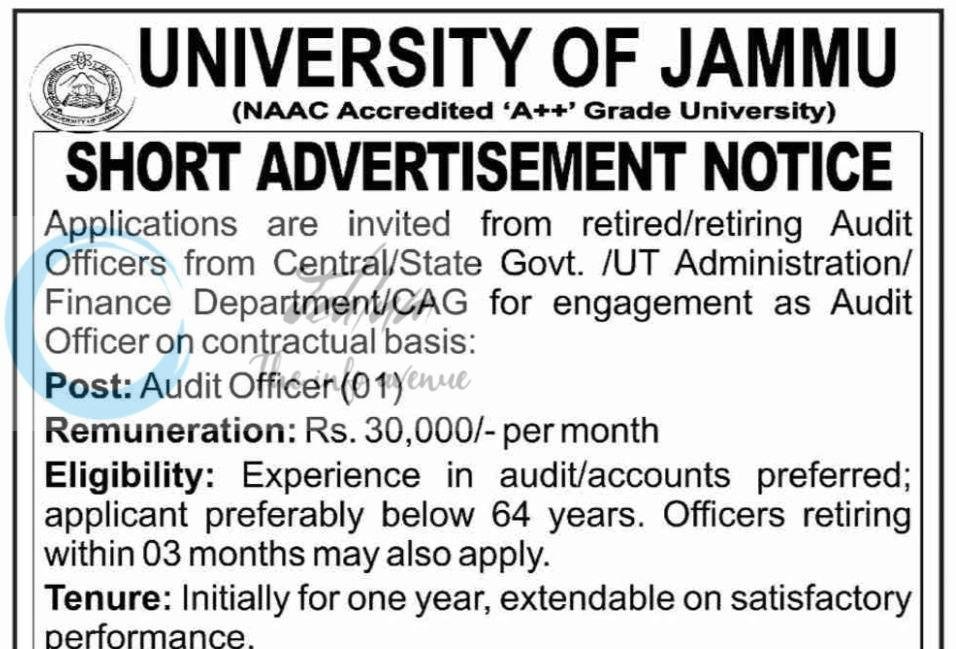 UNIVERSITY OF JAMMU Audit Officer employment opportunities notice Estab/CandR-NTW/26/785-884