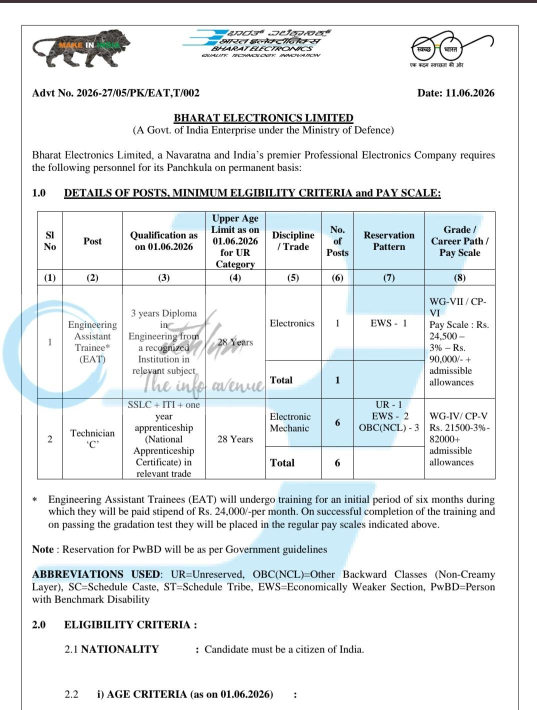 BHARAT ELECTRONICS LIMITED BEL Panchkula Engineering Assistant/Trainee Technician C employment opportunities notice 2026-27/05/PK/EATT/002