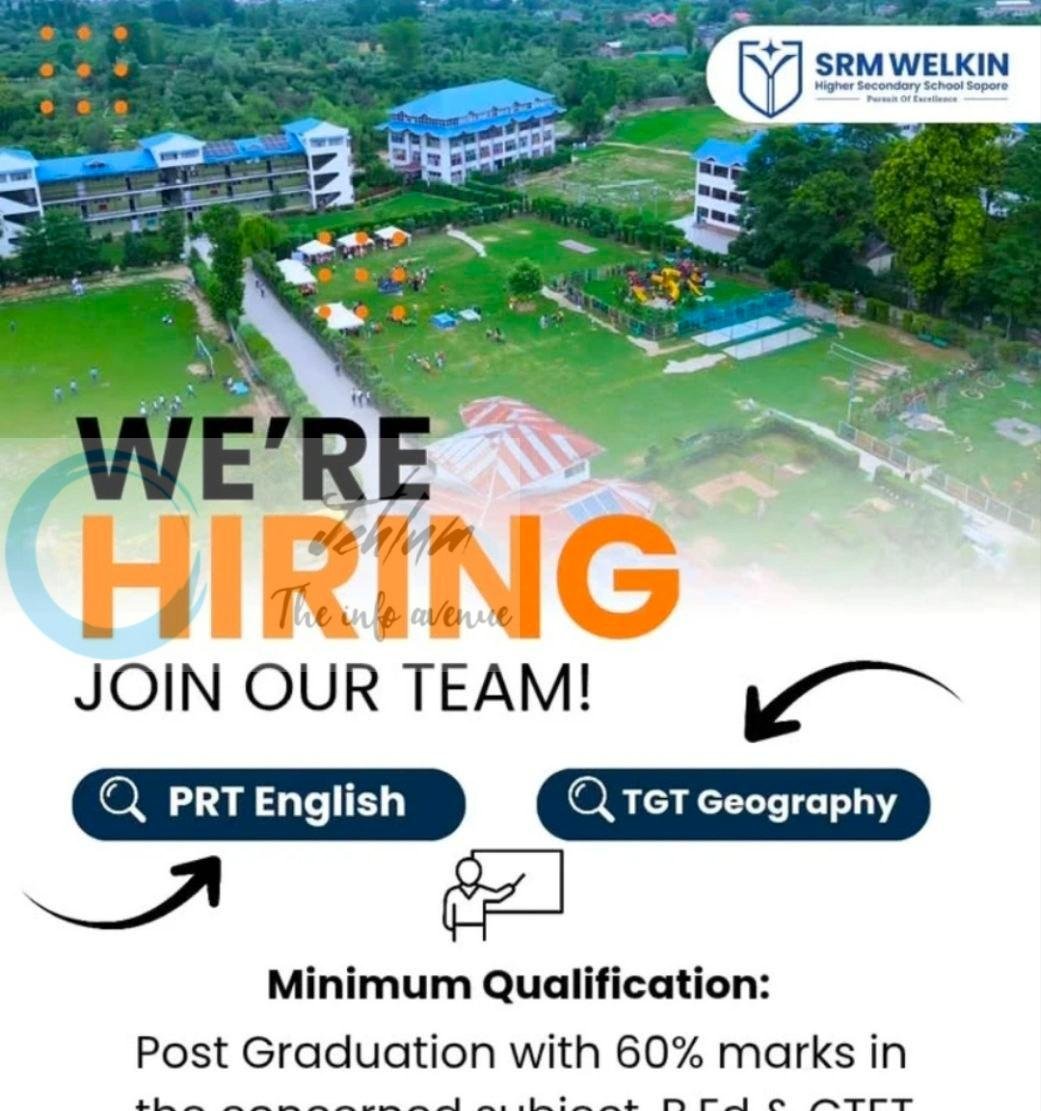 SRM Welkin Higher Secondary School Sopore education job opportunities 2026
