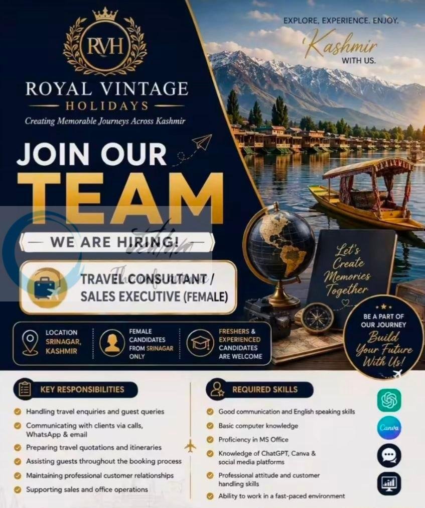 Royal Vintage Holidays RVH Srinagar Travel Consultant Sales Executive job opportunities 2026
