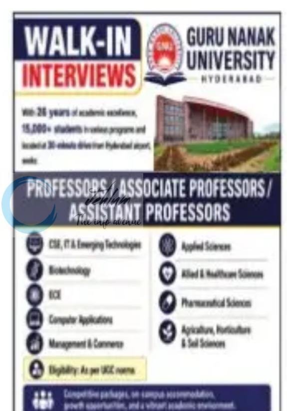 Guru Nanak University GNU Hyderabad Professors Associate Professors Assistant Professors job opportunities 2026