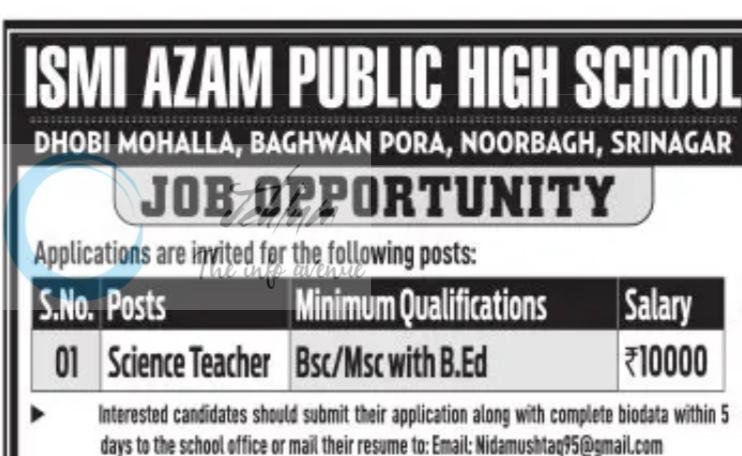 Ismi Azam Public High School srinagar teaching job opportunities 2026