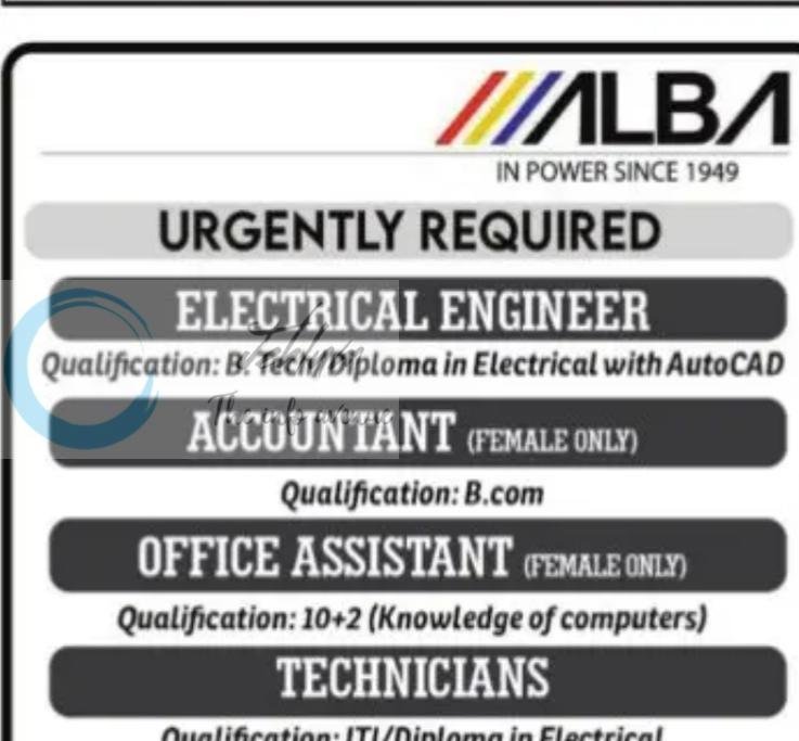 ALBA srinagar Electrical Engineer Accountant Office Assistant Technicians job opportunities 2026