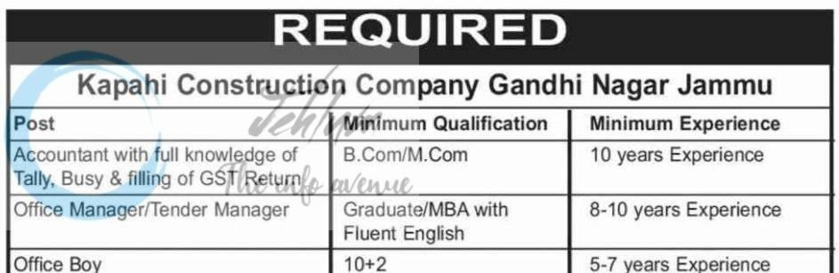 Kapahi Construction Company Jammu Accountant Tender Manager Job opportunities 2026