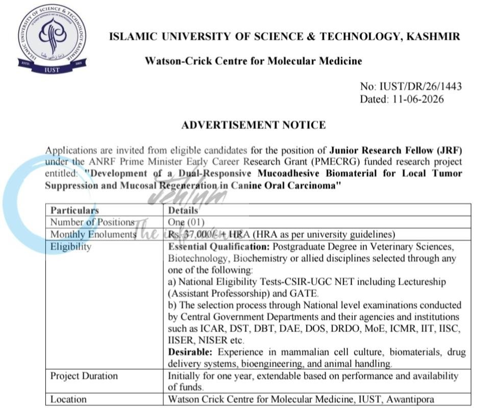 Islamic University of Science & Technology IUST Awantipora Watson-Crick Centre for Molecular Medicine Junior Research Fellow JRF Advertisement Notice No IUST/DR/26/1443