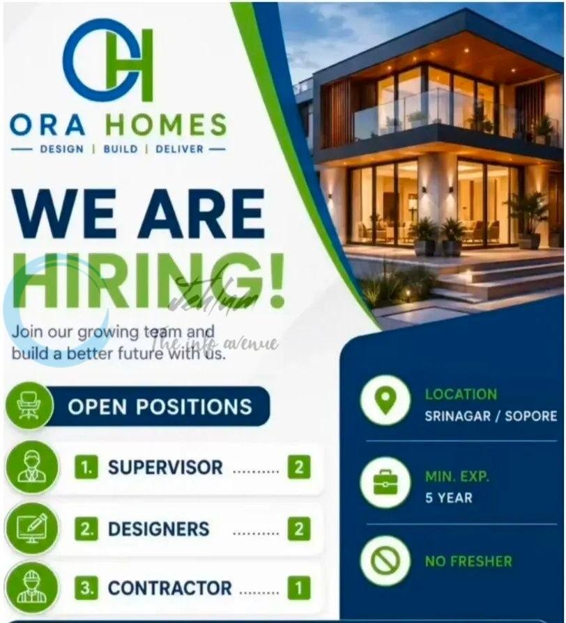 ORA HOMES Srinagar Supervisor Designers Contractor job opportunities 2026