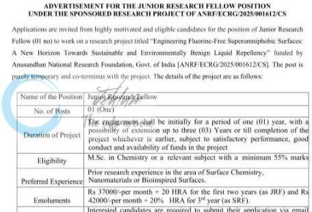 NIT Srinagar Deptt of Chemistry jrf employment opportunities notice 2026