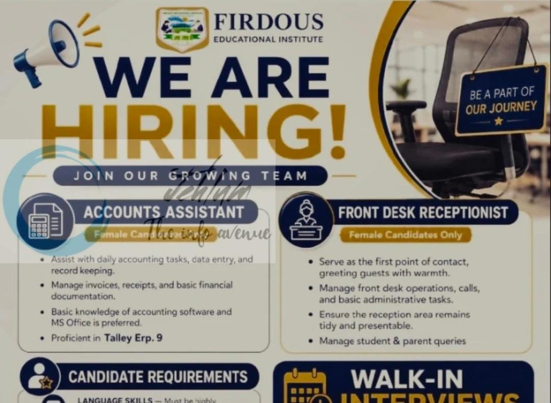 Firdous Educational Institute Habak Accounts Assistant Receptionist Job opportunities 2026