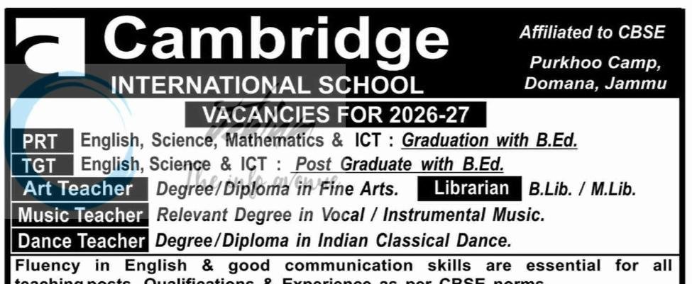 Cambridge International School CIS Jammu teaching job opportunities 2026