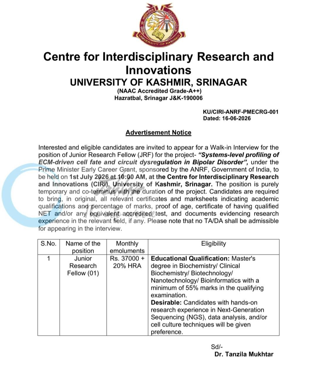 KU Centre for Interdisciplinary Research and Innovations Srinagar Junior Research Fellow employment opportunities KU/CIRI-ANRF-PMECRG-001