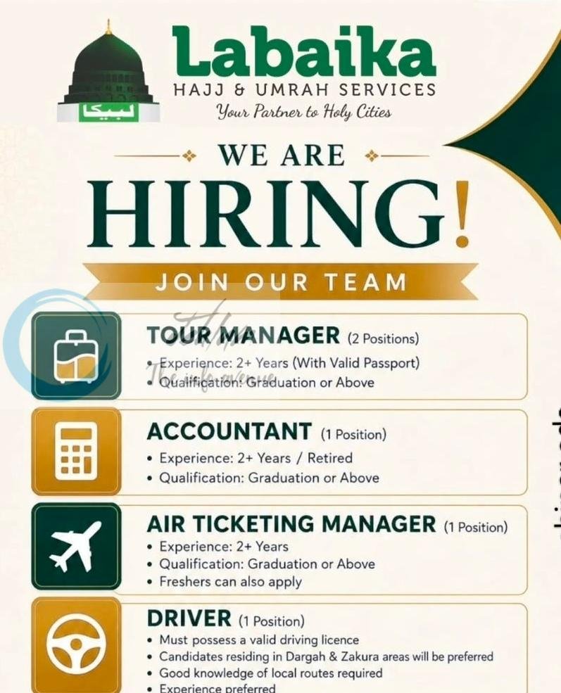 Labaika Hajj Umrah Services Srinagar Tour Manager Accountant Air Ticketing driver job opportunities 2026
