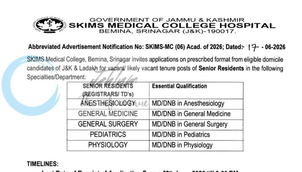 SKIMS Medical College Hospital SKIMS-MC Bemina Srinagar Senior Residents job opportunities notice SKIMS-MC/06/Acad of 2026