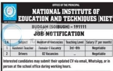 National Institute of Education and Techniques NIET Budgam teaching job opportunities 2026