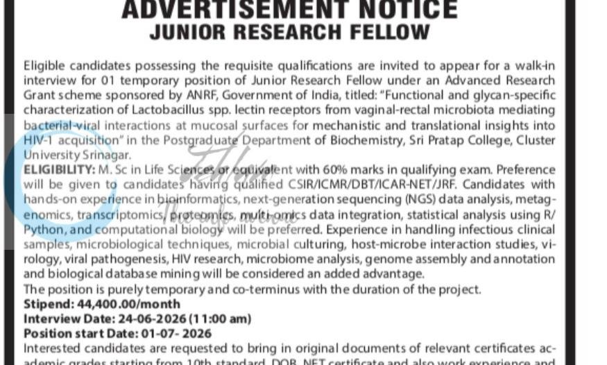 Sri Pratap College SPC Deptt of Biochemistry Junior Research Fellow job opportunities 2026