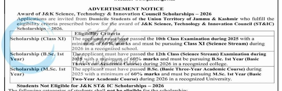 Department of Science and Technology JKSTIC Science Technology and Innovation Council Srinagar Jammu Scholarship opportunities  DIP/J-3848 2026