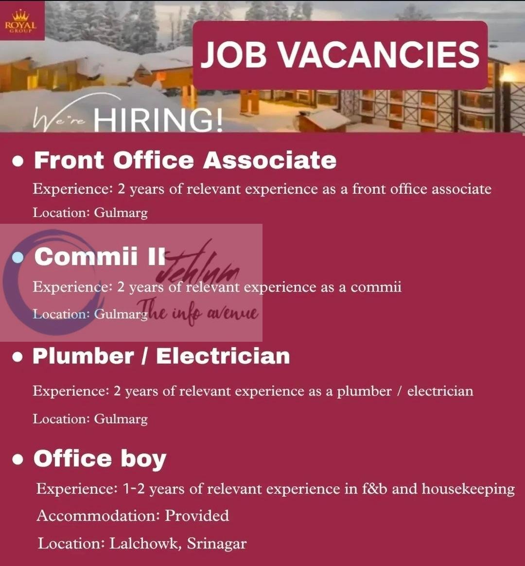 Royal Group Srinagar Front Office Associate Commii II Plumber Electrician job opportunities 2026