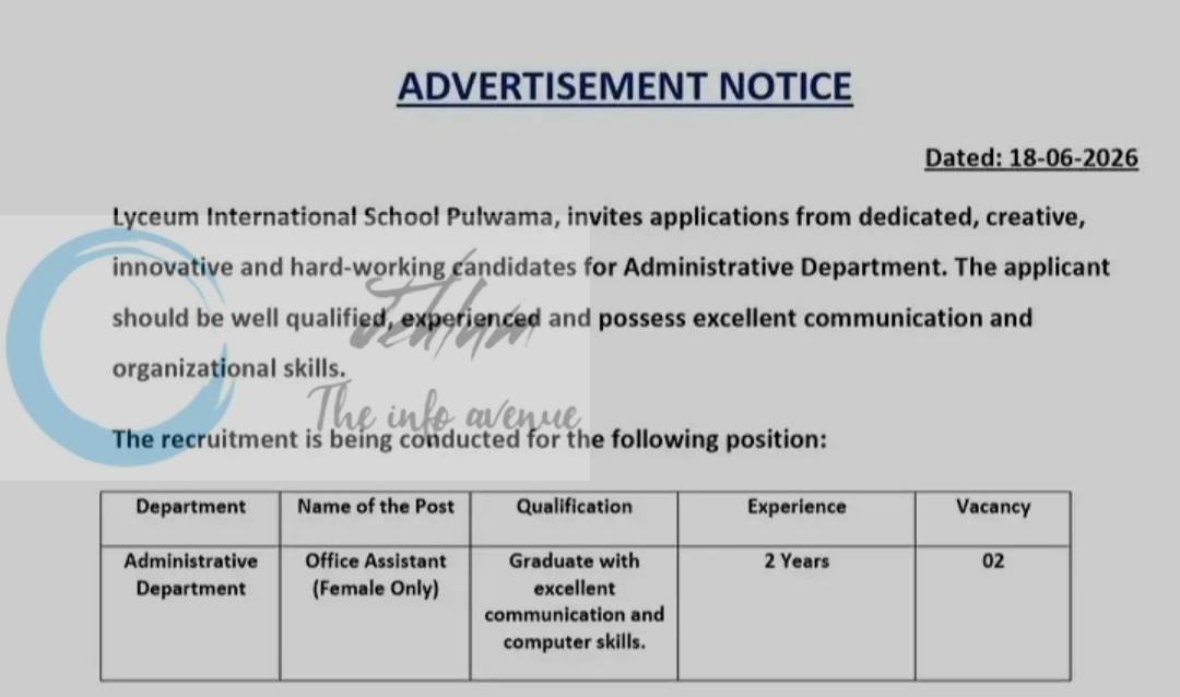 Lyceum International School Pulwama Office Assistant job opportunities 2026