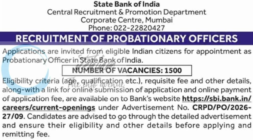 State Bank of India SBI Central Recruitment Promotion Department Probationary Officers Jobs Advt Notification CRPD/PO/2026-27/09