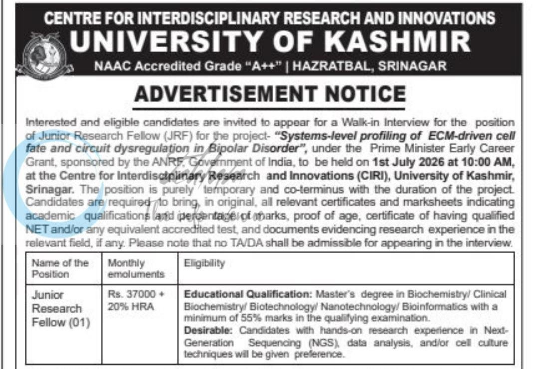 Kashmir university KU Centre for Interdisciplinary Research and Innovations Srinagar Junior Research Fellow employment opportunities notice DIPK-NB-786-26