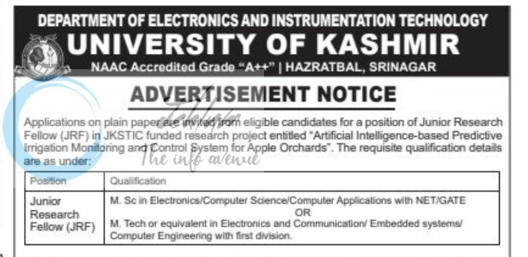 KASHMIR university KU DEPTT OF ELECTRONICS AND INSTRUMENTATION TECHNOLOGY Srinagar JRF JOB OPPORTUNITIES NOTICE DIPK-NB-787-26