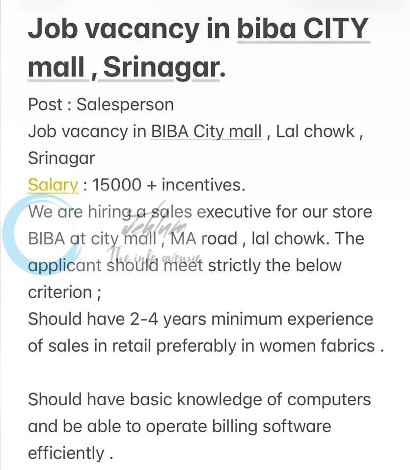 BIBA City Mall Srinagar Salesperson Sales Executive job opportunities 2026